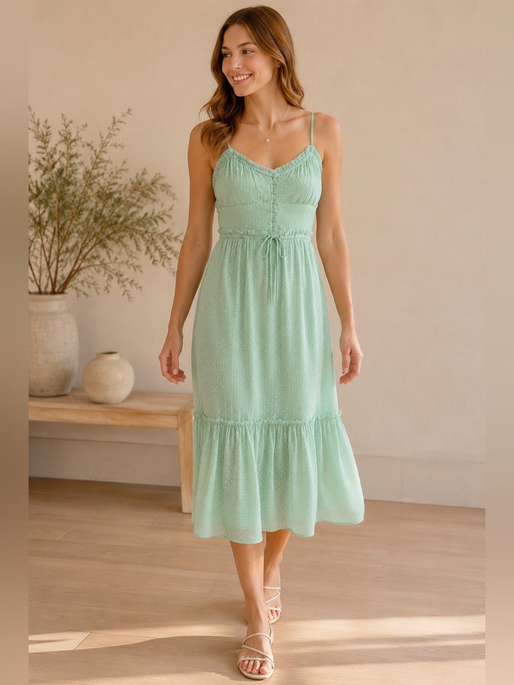 Patrons of Peace Mint Green Babydoll Swiss Dot Cottagecore Midi Dress Boho M